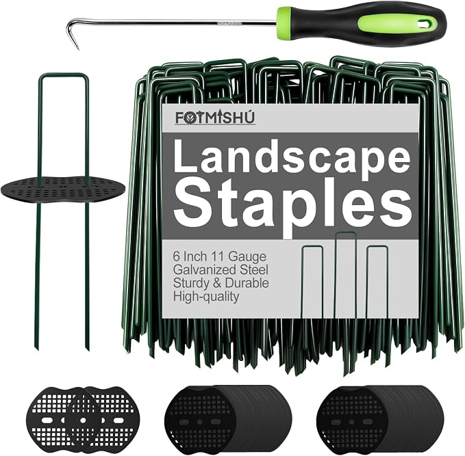 Landscape Staples 6Inch 180pcs Garden Stakes + 180pcs Gasket, Lawn Pins with Spray Coating Craft,11Gauge Anti-Rust Ground Yard Spikes Anchoring for Outdoor Tents Irrigation Hoses (Green)