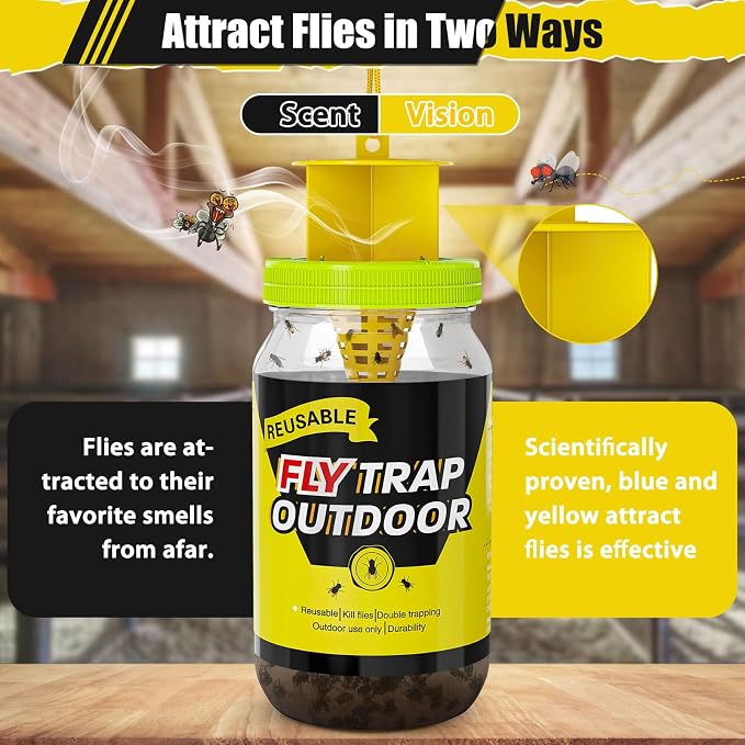 4 Fly Traps Outdoor Fly Trap for Patio with 4 Dissolvable Bait Refills, Reusable Hanging Bug Catcher Killer Bottle for Outside Bug Control Yard Ranch Barns Stable, Hanging Rope, Brush Included
