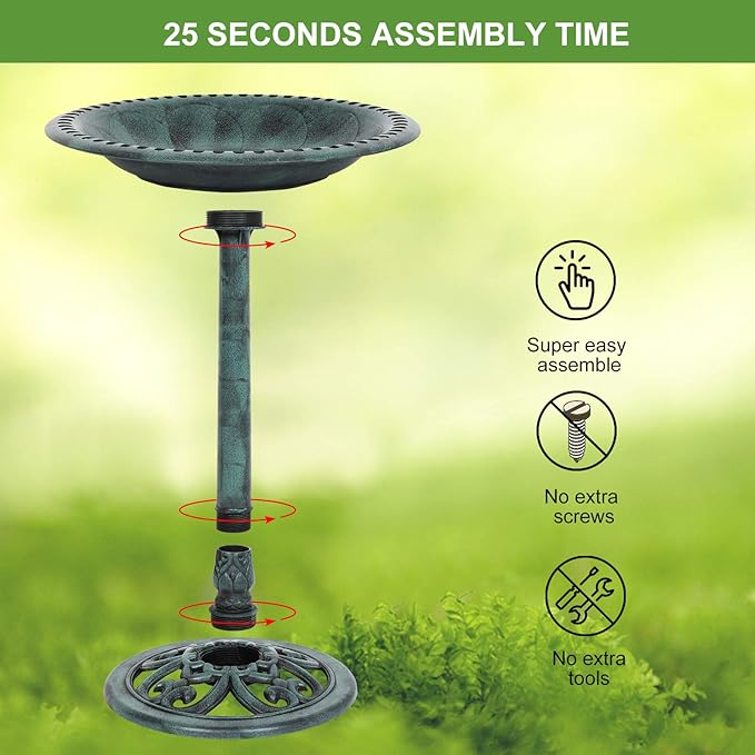 VINGLI Pedestal Bird Bath with Solar Fountain, Solar Pump Resin Birdbaths, Weather Resistant Bird Baths with Ground Stakes, Vintage Finish Garden Decor for Outdoor, Patio, Yard, Lawn(Green)