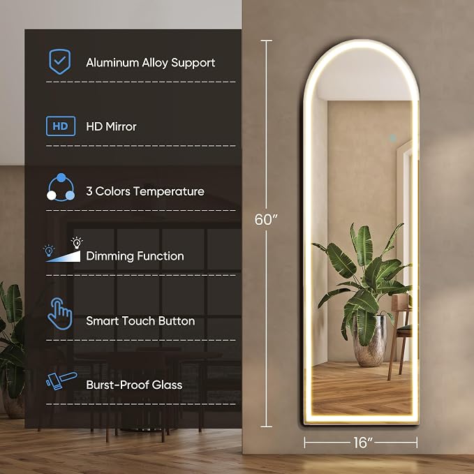 16"x60" Arched LED Full Length Mirror with Stand, Full Body Mirror | LED Lights 3 Color Lighting, Wall Hanging or Leaning, Floor Standing, Modern Simple Home Wall Decor