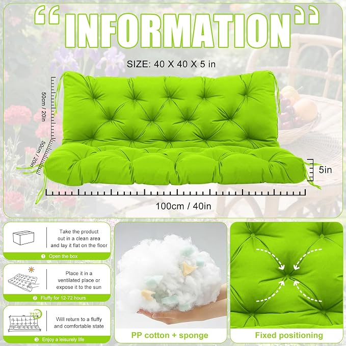 Porch Swing Cushions 2 Seater Replacement Thicken 5" Waterproof & Fade Resistant Swing Cushions for Outdoor Furniture Bench Patio Swing Cushion with Backrest & Ties(Green 40x40x5inch)
