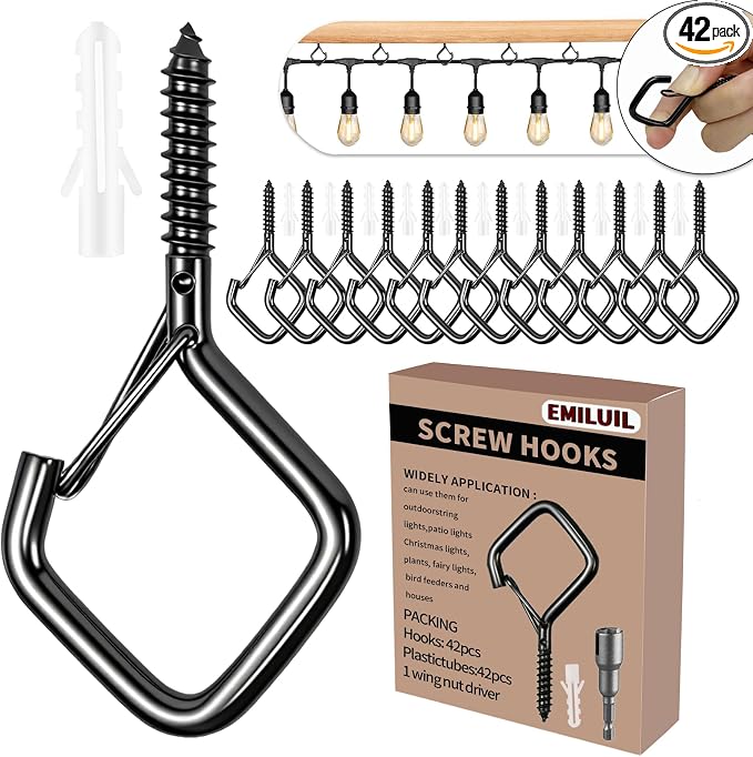 42 PCS Metal Black Eye Screw Hooks for Hanging Heavy Duty.Windproof Ceiling Hooks for Hanging Plants,Cup,Wind Chime,Bird Feeders,Christmas String Lights at Indoor&Outdoor 2.2 Inch