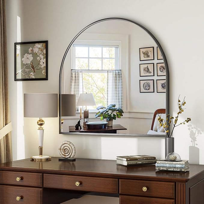 Wide Arched Wall Mirror, 31 x 32 inch Arch Bathroom Mirror Black | Wall Mounted Bathroom Vanity Mirror with Arch Metal Frame, Modern Room Decor for Bedroom, Entryway, Hanging or Leaning