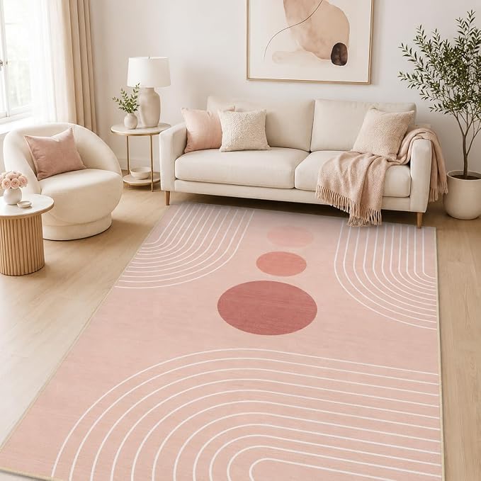 Boho Rug 3x5 Modern Geometric Minimalist Abstract Line Area Rug for Entryway Living Room Pink Mid Century Modern Machine Washable Non-Slip Printed Low-Pile Floor Carpet for Kitchen Bedroom Pink