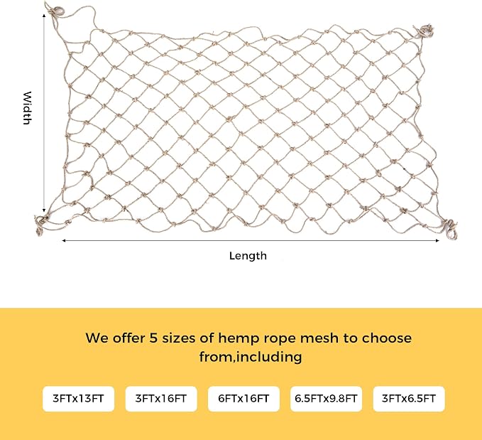 Jute Hemp Rope Net,Heavy Duty Natural Safety Rope Netting Balcony Stairs Fence Garden Playground Protection Net Indoor & Outdoor Decoration Rope Netting (3 FT x 16 FT)