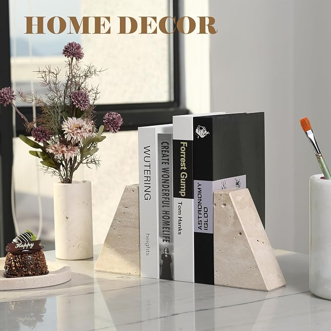 Karibiber Travertine Bookends for Heavy Books, Marble Decorative Bookends for Shelves, Heavy-Duty Stone Book Ends for Hardback Book & Cookbooks, Unique Book Stopper & Holder, Travertino Italy