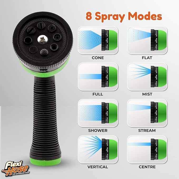 Flexi Hose with 8 Function Nozzle, 150FT - Lightweight Expandable Garden Hose, No-Kink Flexibility, 3/4 Inch Solid Brass Fittings and Double Latex Core - Black and Green
