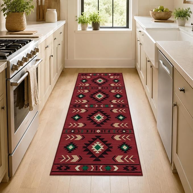 Western Runner Rug 2x6 for Hallway Kitchen Bedroom, Southwestern Aztec Tribal Runner Rugs Southwest Navajo Machine Washable Rug Non-Slip Printed Low-Pile Floor Carpet Mat for Living Room, Red