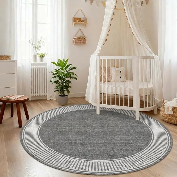 GarveeHome Small Round Rug 4ft Washable Bedroom Rugs Non Slip Circle Rugs | Modern Solid Grey Low Pile Dining Room Round Throw Carpet for Living Room Nursery, Grey