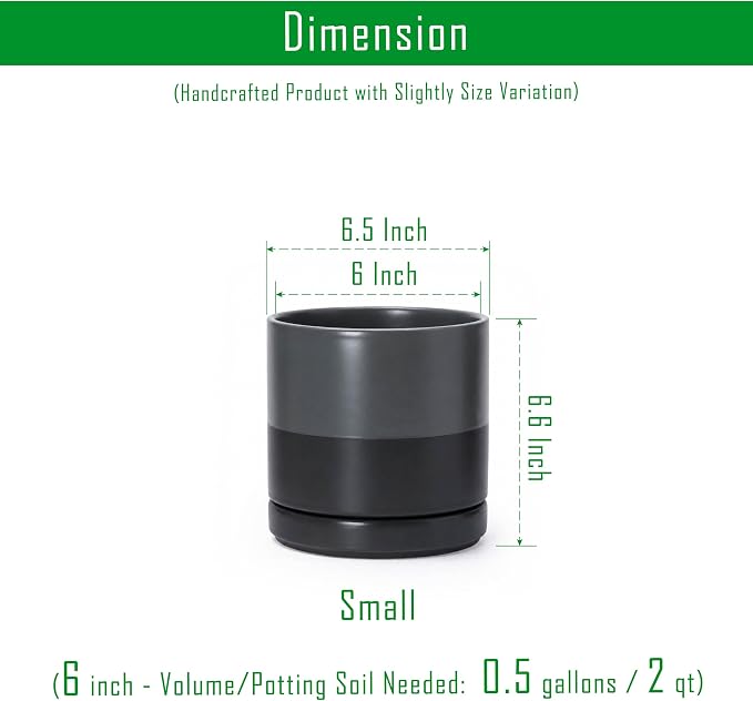 D'vine Dev 6 Inch Ceramic Planter Pot with Drainage Hole and Saucer, Indoor Cylinder Round Planter Pot, Slate, 94-O-C-5