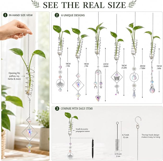 6Pcs Wall Hanging Glass Propagation Station with Crystal Planter Suncatcher | Hanging Propagation Vases for Wall Indoor Plants Hydroponics Mini Test Tube Flower Vase with Metal Chain for Home Decor