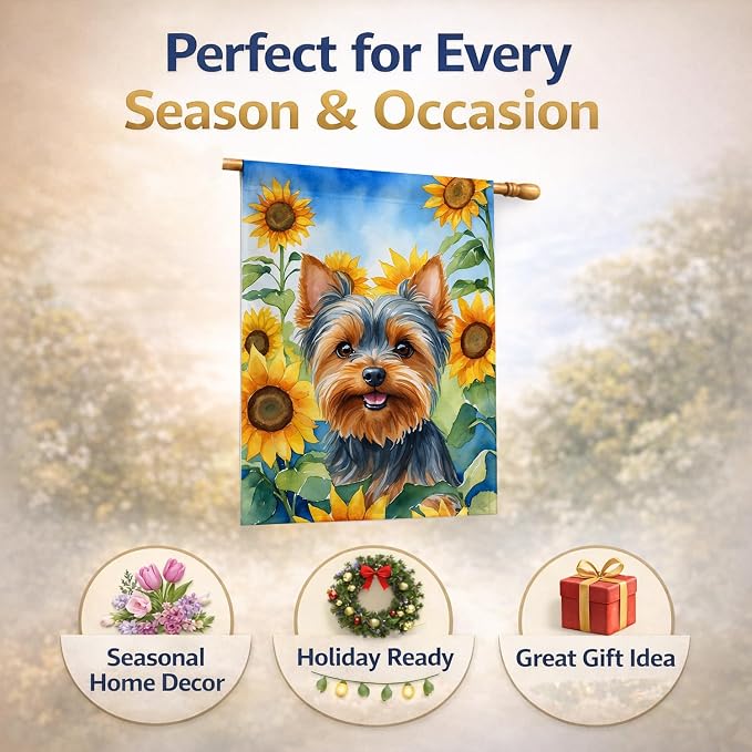 Caroline's Treasures DAC6178CHF Yorkshire Terrier in Sunflowers House Flag Large Porch Sleeve Pole Decorative Outside Yard Banner Artwork Wall Hanging, Polyester, House Size, Multicolor