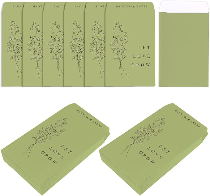 Whaline 200 Pcs Self Adhesive Wedding Favor Seed Packets Let Love Grow Green Envelope Minimalist Storage Pockets for Garden Office Gift Party Supplies, 3.5 x 2.4 Inch