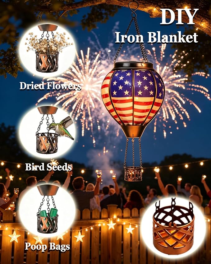 Larekook Solar Hot Air Balloon Lantern with Flame Flickering,Glass Hot Air Balloon Solar Lantern Outdoor Waterproof Hanging Garden Light for Patio Porch Yard,Birthday Gifts for Women(American Flag)