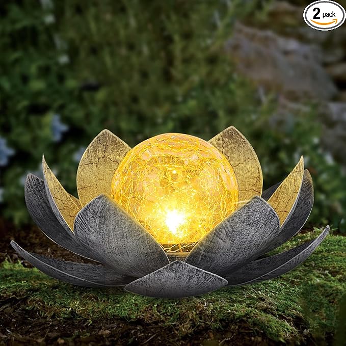 AIINY Garden Solar Light Outdoor(2Pack), Amber Crackle Globe Glass Lotus Decoration, Waterproof Gary Metal LED Flower Lights for Patio,Lawn,Walkway,Tabletop, Garden Gifts for Women