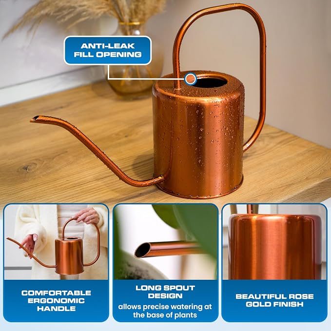 Plexon Rose Gold Metal Watering Can Indoor Plants, 54 oz Stainless Steel Long Spout Watering Can Outdoor House Plant Flower, Garden