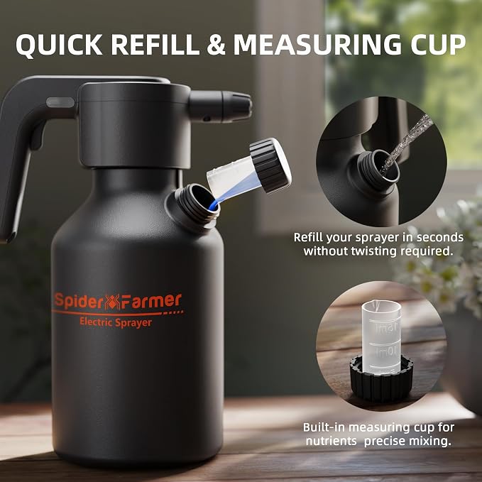 Spider Farmer 0.5 Gallon Electric Spray Bottle, 2500mAh Battery Powered Sprayer, Automatic Plant Mister with Adjustable Nozzle & Measuring Cup, Type-C Rechargeable for Indoor Outdoor Gardening