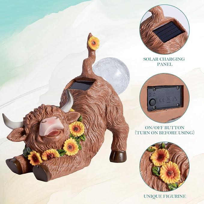WDS WONDROUS Solar Highland Cow Outdoor Decor with LED Butt Light, Garden Cow Decorations for Home with Sunflowers, Resin Highland Cow Figurine Gifts for Women Yard Porch Decor Farmhouse Night Light