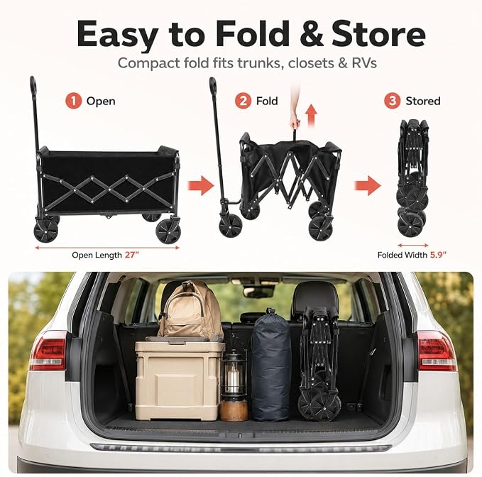 Collapsible Wagon Cart with Wheels, Compact 360 lb Folding Utility Wagon | 120L compact wagon with 360 lb support, 11 lb lightweight design, adjustable handle, 2 cup holders and all-terrain wheels