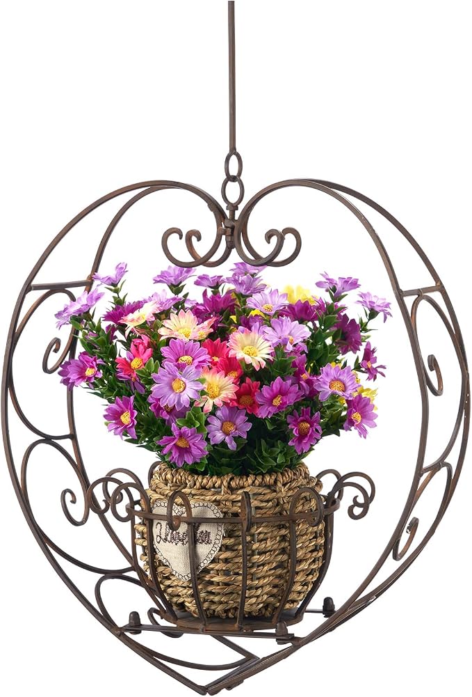 Hanging Plant Holder,Wrought Iron Heart Shape Plant Pot Holder, Indoor & Outdoor Hanging Planters Holder for Patio, Porch, Bedroom, Living Room（Raw Embroidery Color）