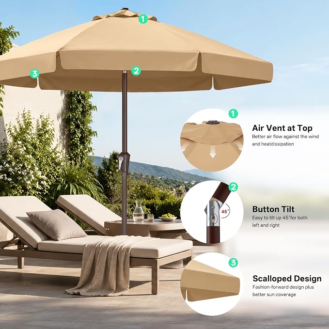 ABCCANOPY 7.5ft Scalloped Patio Umbrella, Outdoor Table Umbrella with Tilt and Crank, Fiberglass Ribs Deck Umbrella for Patio, Pool, Garden, Picnic (Tan)
