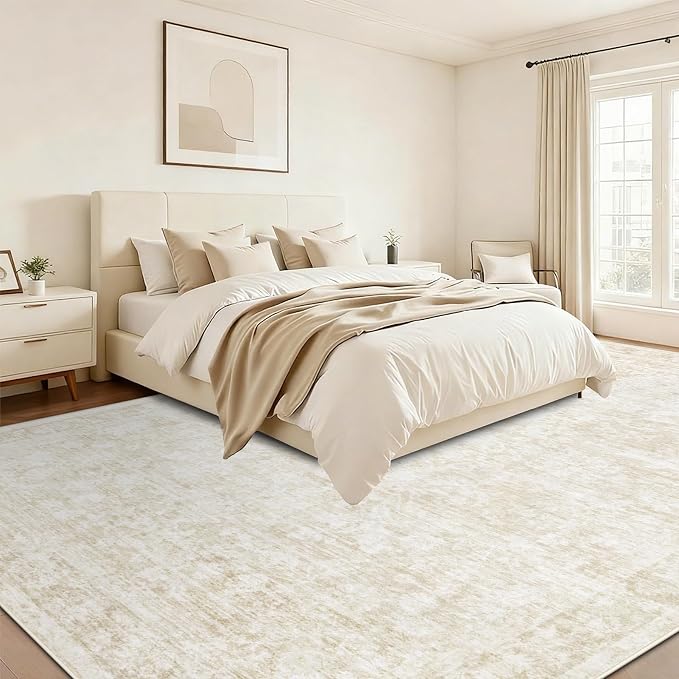 10x14 Area Rugs for Living Room: Washable Large Vintage Floral Rug Low Pile Non-Slip Boho Carpet for Bedroom Dining Home Office (Beige, 10'x14')