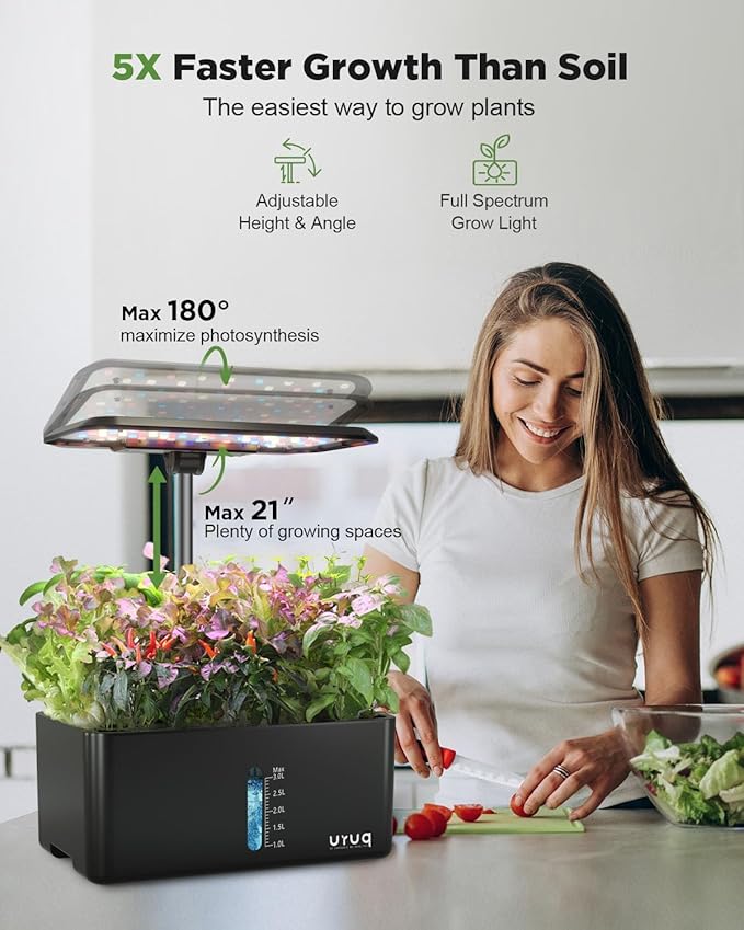 URUQ 8 Pods Hydroponics Growing System with LED Grow Light - Black | Quiet Water Pump, Automatic Timer, Adjustable Height for Fresh Herbs, Vegetables, Indoor Kitchen Gardening Gifts for Women