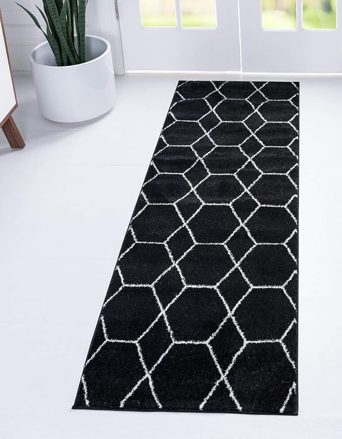 Unique Loom Trellis Frieze Collection Area Rug - Geometric (2' x 13' 1" Runner, Black/ Ivory)