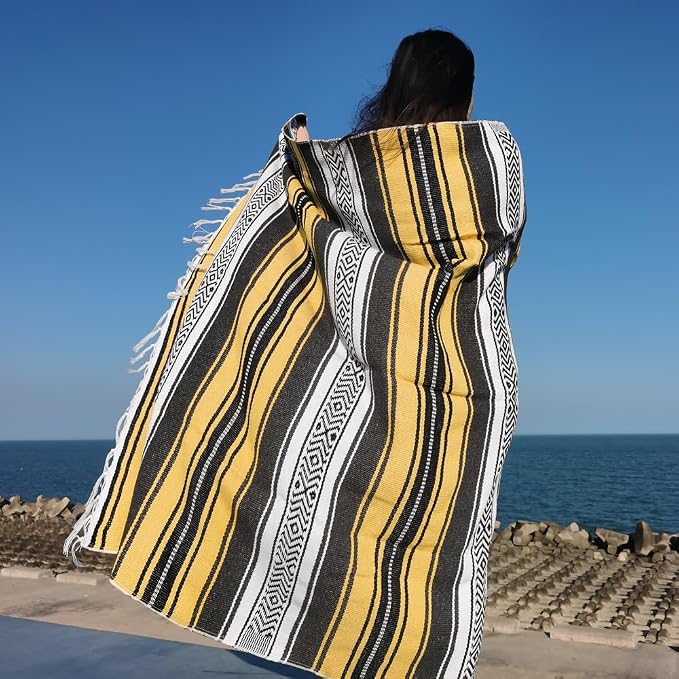 Airooglee Large Mexican Blanket - Perfect as Yoga Blanket, Outdoor Beach Serape Picnic Camping Woven Blanket, Boho Home Décor - Yellow