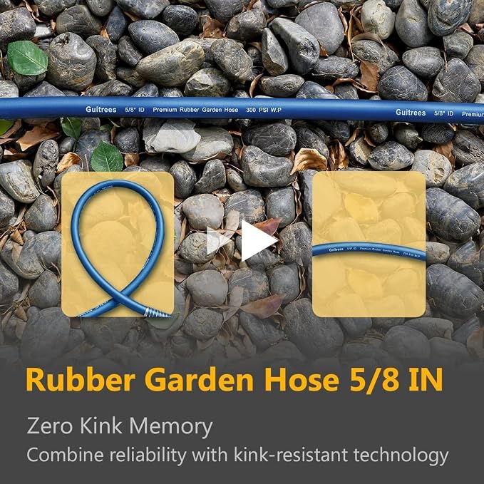 Guitrees 25FT 5/8 Heavy Duty Rubber Garden Hose - 200psi Working, 1000psi Burst - Hot/Cold Water - Five-Layered Braiding for Durability - Versatile for Gardening, Agriculture, Construction(Blue)