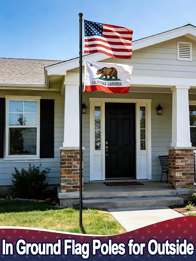 Acostop 10 FT In Ground Flag Poles for Outside House - Fit for 2 Flags Extra Thick Flag Pole Kit with 5 Prongs Base, Windproof Ground FlagPoles for Residential Small Medium Lawn Temporary Event