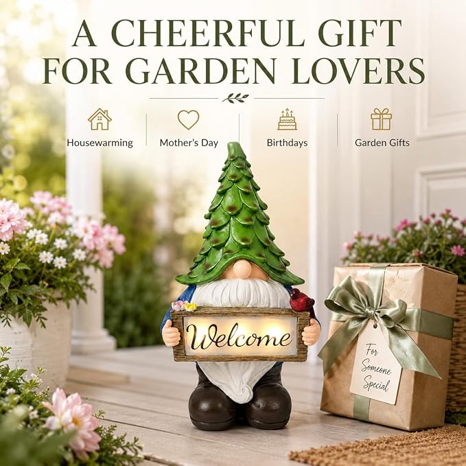 Solar Garden Gnome Statue with Welcome Sign, 13.5" Resin Outdoor Gnome Decor with LED Light, Cute Garden Statue for Yard, Porch, Patio, Lawn, Housewarming Gifts for Women Mom Grandma