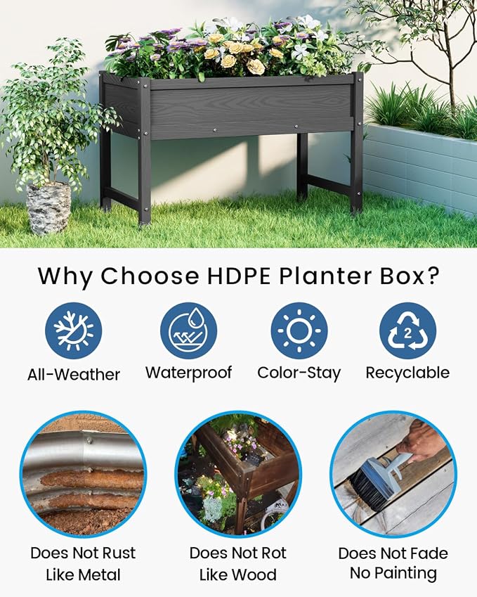 Weatherproof Raised Garden Bed, HDPE Outdoor Elevated Planter Box with Legs, Garden Box, Flower Beds for Patio, Deck, Balcony (Black)