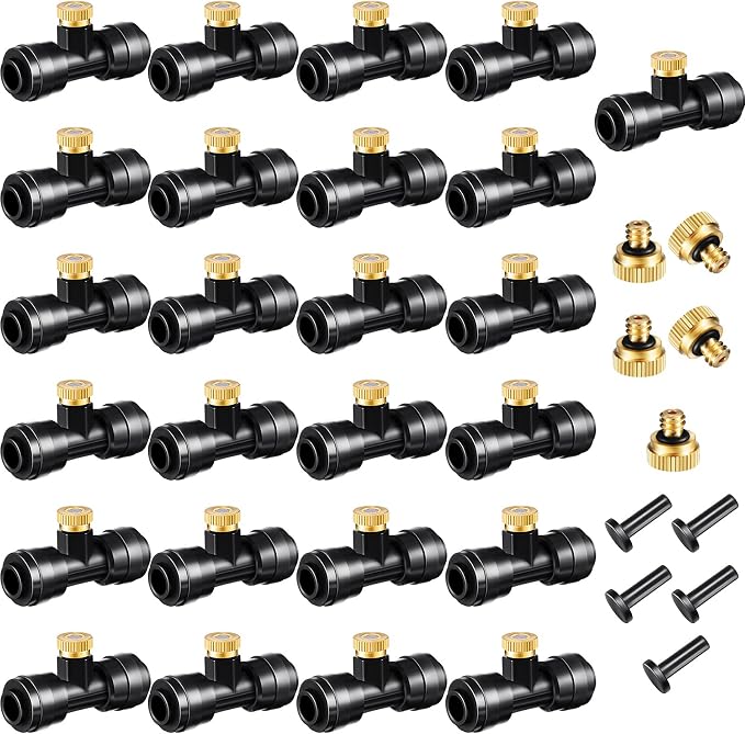 60 Pieces Brass Misting Nozzles Include Water Misting Tees Thread 1/4 Inch and Brass Orifice Nozzle with Black Plug for DIY Outdoor Patio Garden Backyard Cooling Spray System
