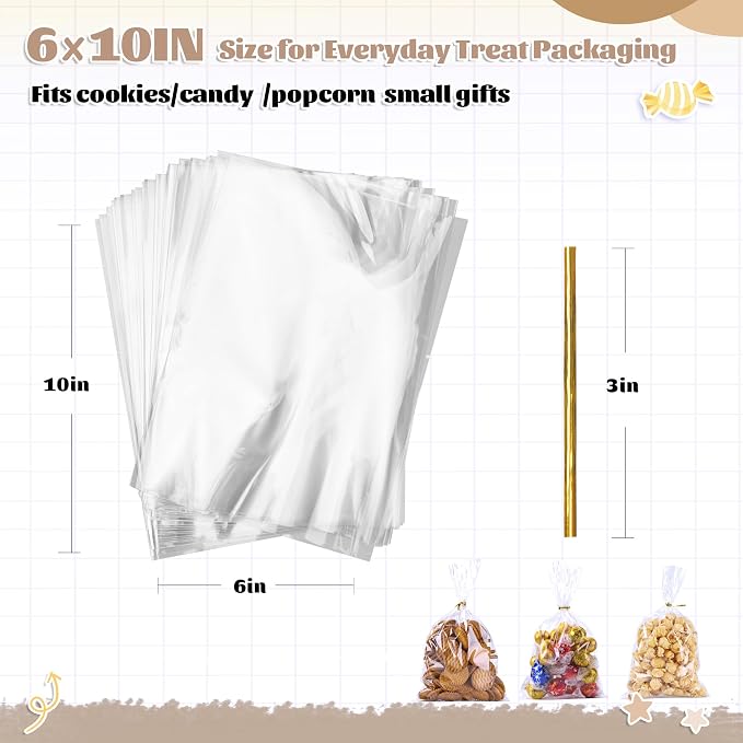 LOKQING Clear Cellophane Treat Bags 6 x 10 in, 100 Pack Gift Bag with Twist Ties, Bags for Cookies, Candy, Party Favors, Bakery Packaging and Graduation Gift Bags