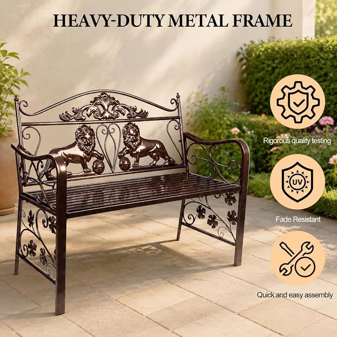 44.5" Outdoor Garden Bench, Heavy-Duty Metal Frame Patio Park Bench with Vintage Lion Design for Porch, Balcony, Backyard & Entryway