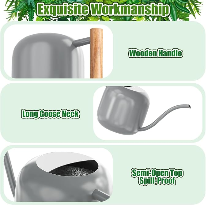 Green Moon 1.2L/41oz Metal Metal Watering Can with Long Spout, Gray | Metal Stainless Steel Watering Can for Indoor Plants, House Bonsai, Succulents, and Garden Flowers, Decorative Watering Cans