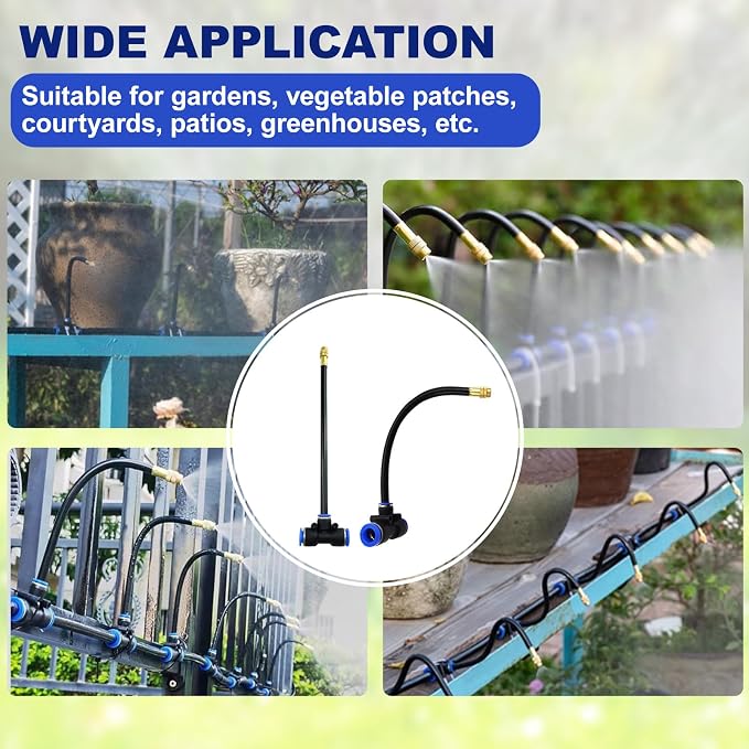 Upriver 15 Pcs Brass Misting Nozzles Tee with 8 Inch Built in Hose for 0.315"/8 mm Tubing, 360° Rotation Adjustable Water Mister Nozzle Thread Sprayer for Garden Watering System