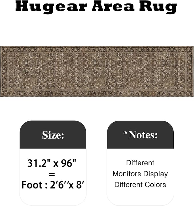 HUGEAR 2'6''x8 Runner Rug Machine Washable Brown Hallway Area Rug Indoor Accent Rugs Floral Low Pile Carpet Soft Throw Rugs Bedroom Living Room Office Dining Kitchen Laundry Non Slip