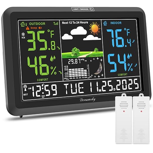 DreamSky Weather Station Indoor Outdoor Thermometer Wireless for Home | Digital Atomic Clock, Large Display with Dimmer, USB Port, Inside Outside Temperature Humidity Monitor (Plug-in)-2 Sensors