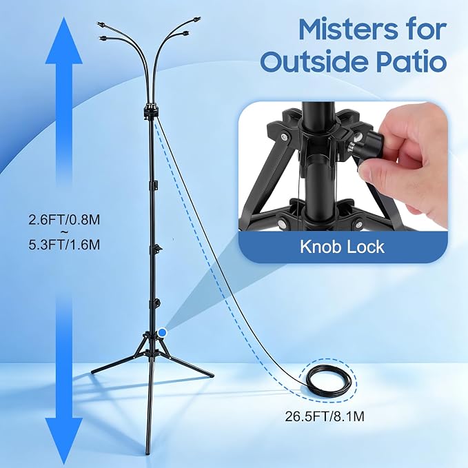 Gugxiom 5.3FT Standing Misters for Outside Patio, 26.5FT Water Supply Line & Adjustable Height & 5 Brass Nozzles, Portable Water Mister for Patio BBQ Pool