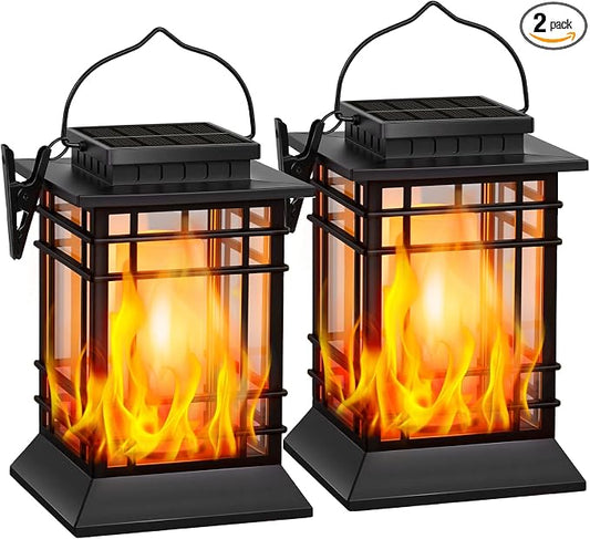 Brightever Hanging Solar Lanterns Outdoor Waterproof, Flickering Flame Solar Lantern Outdoor Lights, Auto ON/Off Solar Powered Lanterns Decorative Outdoor for Garden Front Porch Tree Decor, 2-Pack