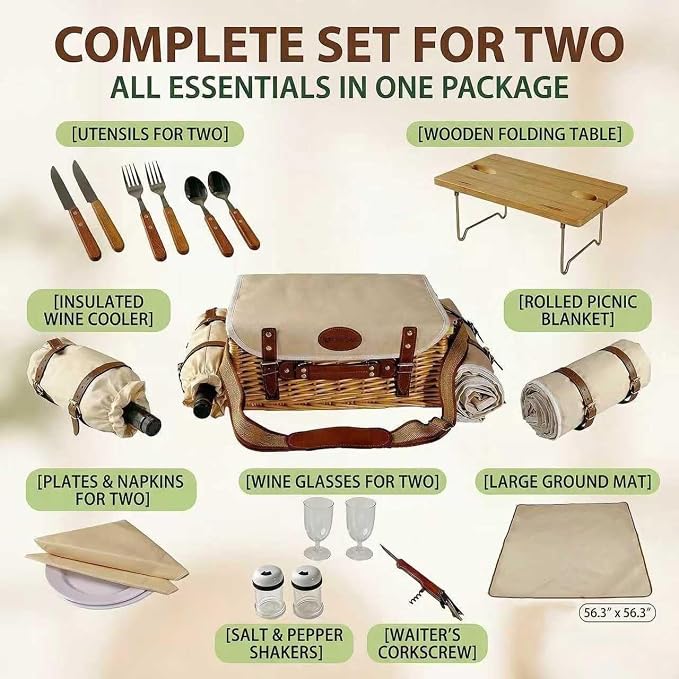 Multifunctional Wicker Picnic Basket Set for 2 Adults with Picnic Table and Blankets,Large Insulated Picnic Set with Wine Pouch and Full Tablewares for Camping Outdoor Couples Natural Beach Wedding