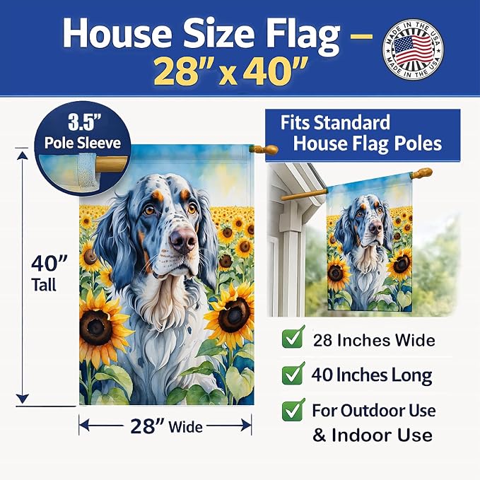 Caroline's Treasures DAC6075CHF English Setter in Sunflowers House Flag Large Porch Sleeve Pole Decorative Outside Yard Banner Artwork Wall Hanging, Polyester, House Size, Multicolor