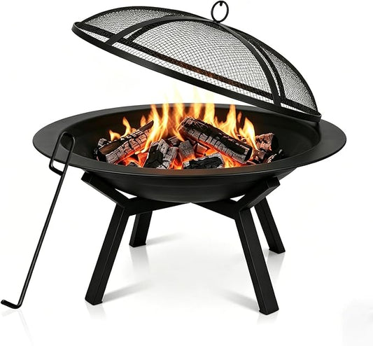 Outdoor Wood Burning Fire Pit, Heavy Duty Round Steel Fire Bowl for Backyard, Patio, Camping, Bonfire, Black Finish, with Mesh Spark Screen and Hook
