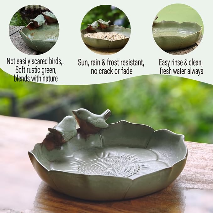 Ceramic Bird Bath Bowl for Outside on Ground, 9.45-Inch BirdBath Bowl Only, Ground Bird Feeders and birdbath for Outdoors, Garden, Tabletop, Deck, Balcony and Lawn
