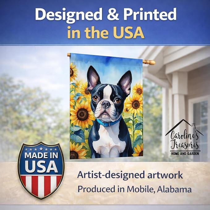 Caroline's Treasures DAC6036CHF Boston Terrier in Sunflowers House Flag Large Porch Sleeve Pole Decorative Outside Yard Banner Artwork Wall Hanging, Polyester, House Size, Multicolor