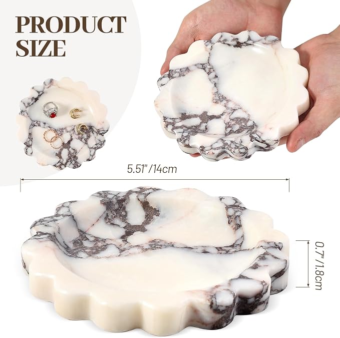 Koville 5.51" Scalloped Calacatta Viola Marble Tray, Round Stone Jewelry Trinket Dish for Ring, Natural Small Marble Tray for Bathroom Kitchen Dresser Countertop, Decorative Candle Tray
