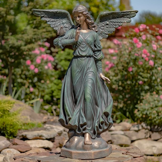 Zaer Ltd. 46" Tall Magnesium Angel Statue with Billowing Dress and Bird Perched on Shoulder in Antique Grey Maria (Antique Bronze)
