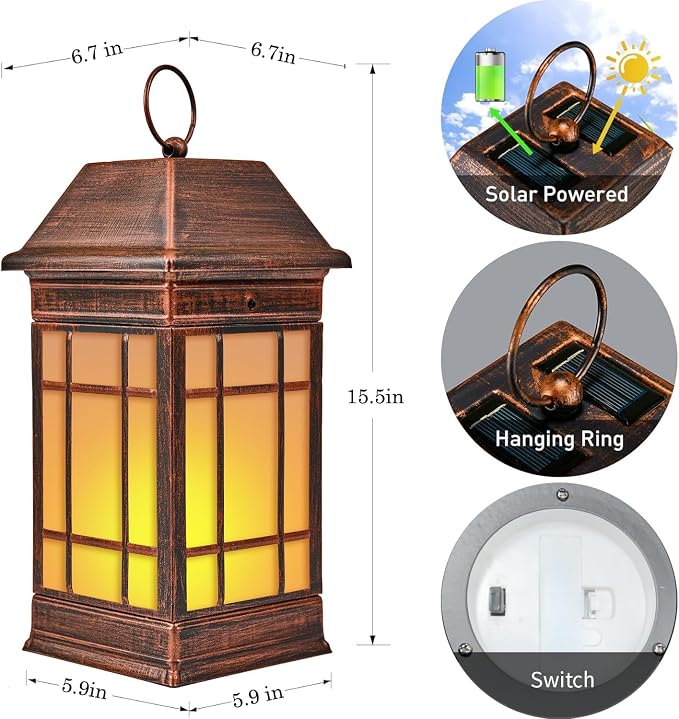 15.5" Solar Lantern Outdoor Waterproof, Glass Flickering Flame Solar Lanterns, Hanging Metal Lantern Decorative for Patio Front Porch Garden Backyard Tabletop Party Decoration
